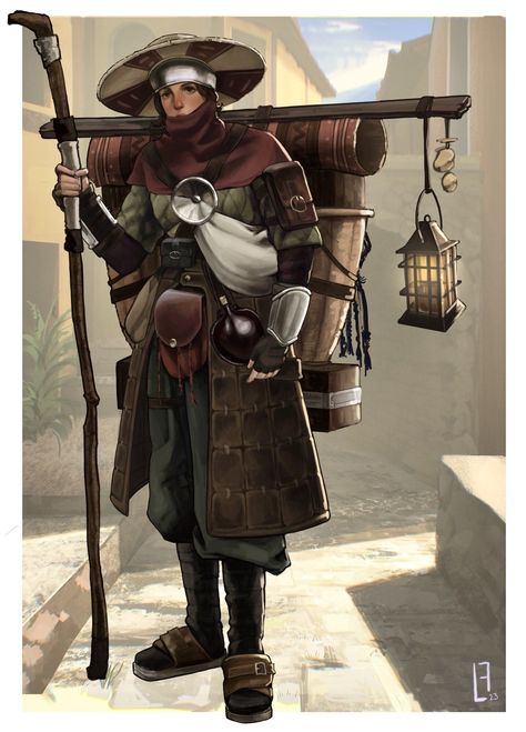 ArtStation - Traveling Merchant Character Concept Traveling Merchant Cosplay, Traveling Merchant Fantasy Art, Fantasy Traveling Merchant, Fantasy Merchant Outfit, Wandering Traveler Character, Traveler Character Design Male, Fantasy Traveller Outfit, Dnd Merchant Art, Mask Merchant