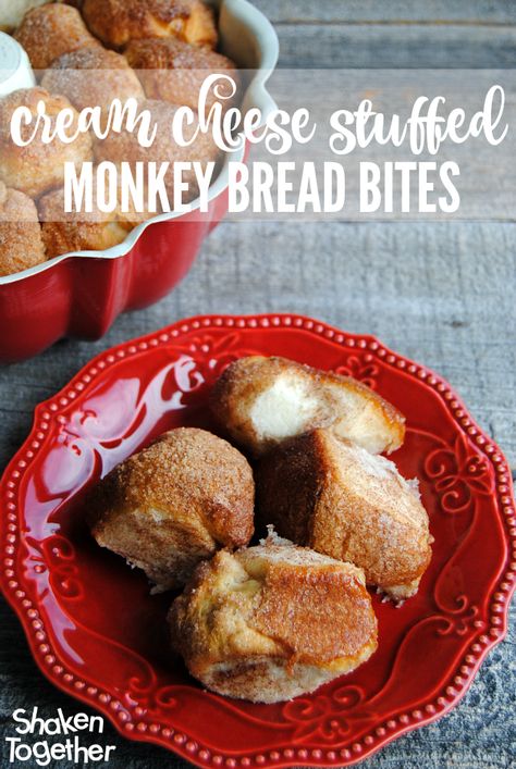 Cream Cheese Stuffed Monkey Bread Bites! These start with refrigerated biscuits, get stuffed with your favorite flavor of cream cheese, rolled in cinnamon sugar and baked into sweet little bites of delicious! Cream Cheese Stuffed Cinnamon Balls, Refrigerated Biscuit Recipes, Monkey Bread Bites, Stuffed Monkey Bread, Cinnamon Bites, Wicked Party, Bread Bites, Get Stuffed, Cinnamon Roll Monkey Bread