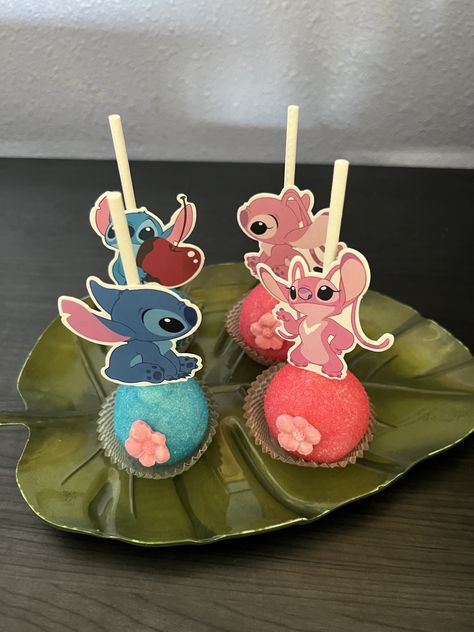 Stitch Cake Pops Ideas, Pink Stitch Birthday Party, Stitch And Angela Gender Reveal, Lilo And Stitch Treat Table, Stitch Theme Desserts, Stitch And Angel Birthday Party Decorations, Stitch And Angel Gender Reveal Treats, Stitch And Angel Cake Pops, Lilo And Stitch Quinceanera Theme