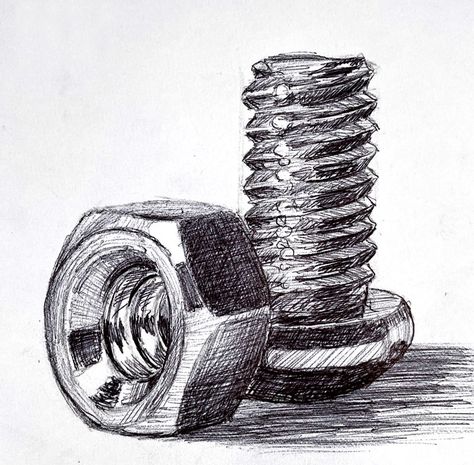 Bolts And Nuts Drawing, Mechanical Drawings Sketches, Mechanical Design Drawings, Nut Drawing, Drawings Of Objects, Man Made Objects, Bolt Drawing, Mechanic Art, 2d Pattern