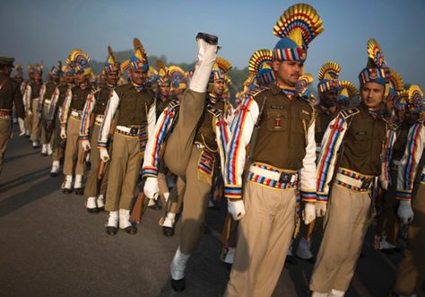 Knees up: India's Central Reserve Police Force rehearse for the Republic Day parade in New Delhi, India. Photographs: Ahmad Masood/Reuters Republic Day Parade, Up Police, For The Republic, Knee Up, New Delhi India, Best Pictures, Republic Day, Police Force, Policeman