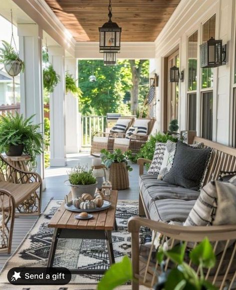 Decorate Wrap Around Porch, Front Porch Ideas Cottage, Small Porch Dining Ideas, Farmhouse Porch Planters, Tall Front Porch Ideas, Rustic Back Porch Ideas, Country Patio Farmhouse Style, Country Cottage Front Porch, Screened In Porch Decorating Ideas Cozy