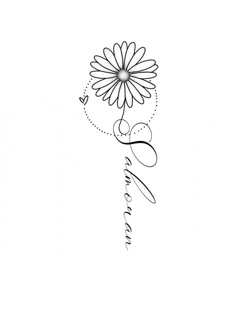 Daisy And Name Tattoo, Mandala Name Tattoo, Be The Sunshine Tattoo, Sunflower With Name Tattoo, Daisy Tattoo Designs Drawings, Daisy Tattoo Outline, Daisy Tattoo With Name, Daisy Name Tattoo, Penny Tattoo