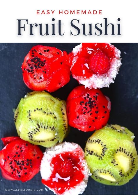 If you love sushi and sweet treats then you'll absolutely love this fruit sushi. A treat that is gluten-free, dairy-free, vegan, but packed with flavor! Mango Sushi, Tortilla Dessert, Sushi Dessert, Coconut Sticky Rice, Kinds Of Sushi, Sweet Sushi, Fruit Sushi, Dessert Sushi, Fruity Treats