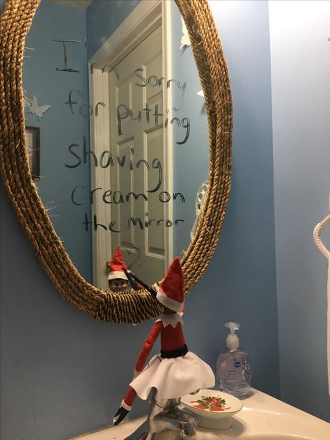 #ElfOnTheShelf and the apology note..written with eyeliner. Apology Note, Bad Elf, Diy Shelves, Note Writing, Educational Activities, On The Shelf, The Elf, Christmas Elf, The Mirror