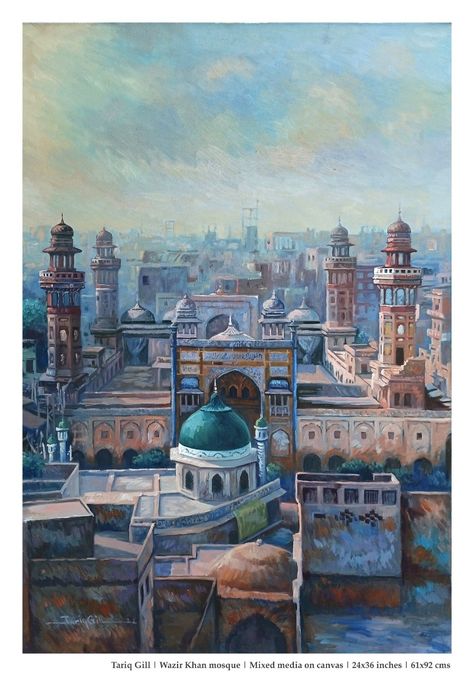 Wazir-khan-mosque-painting-by-tariq-gill Rice Branding, Wazir Khan Mosque, Architectural Paintings, City Scape Painting, Pakistan Art, Wood Paintings, Pakistani Art, City Pics, Painting City