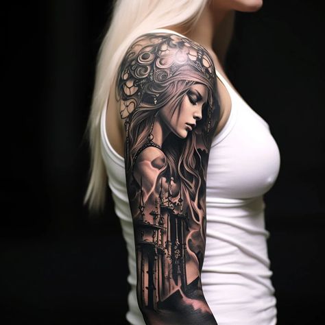 I will create sleeves tattoo design Taurus Sleeve Tattoos For Women, Woman Full Sleeve Tattoo, Big Back Tattoos For Women, Big Back Tattoos, Female Portrait Tattoo, Taurus Female, Back Tattoos For Women, Headdress Tattoo, Tattoo Sleeves