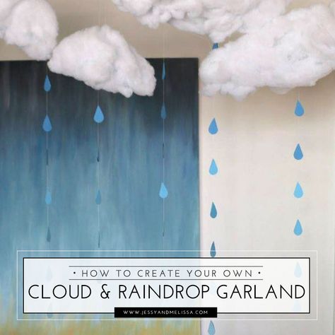 Raindrop Garland Diy, Clouds For Classroom Decor, Rain Drop Garland, Middle School Classroom Themes, Raindrop Garland, Raindrop Baby Shower, Library Magic, Rain Crafts, Turtle Room