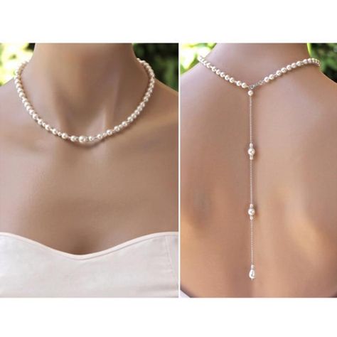 Bridal Backdrops, Backdrops Necklace, Wedding Necklaces, Necklace Swarovski, Body Chains, Back Necklace, Necklace Bridal, Pearl Jewelry Sets, Back Drop