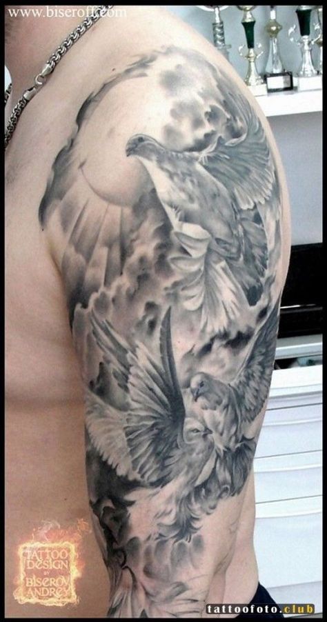 Angel Tattoo Men Bicep, Angle Tattoo For Men, Godly Tattoos, Angel Hand Tattoo, Tattoo Quotes Men, Doves Tattoo, Min Tattoo, Shoulder Piece Tattoo, Guardian Angel Tattoo Designs