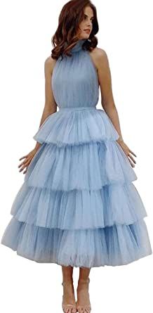 Blue Halter Tutu Dress Women, Layered Prom Dress, Prom Dresses Halter, Vintage Homecoming Dresses, Prom Dress Halter, Halter Homecoming Dress, Red Tulle Dress, Tulle Prom Dresses, Halter Prom Dresses