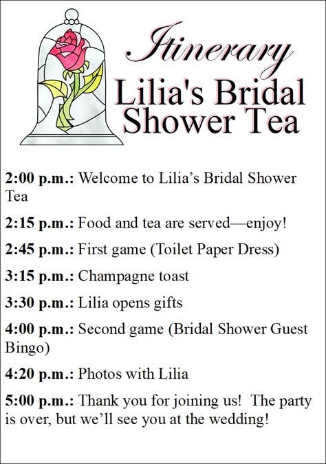 Tea Party Itinerary, Bridal Shower Announcements, Bridal Shower Luncheon Ideas, Bridal Shower Program Ideas, Bridal Shower Agenda, Tea Party Wedding Shower Ideas, High Tea Bridal Shower Ideas, Bridal Shower Program, Bridal Shower Timeline