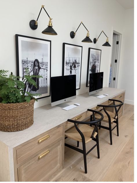 Home Office Next To Kitchen, Two Person Work From Home Office, Home Dual Office, His And Her Shared Office Space, Upstairs Landing Desk Ideas, Home Office Ideas For Two Couple, Home Office In Loft Area, Home Office With 2 Desks Work Spaces, Family Desk Area