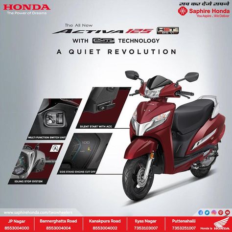 Activa 125 BS6 with ESP Technology  The eSP technology combines high power and high fuel efficiency with a quiet start, and a smooth eco-friendly engine starts a quiet revolution. Activa Scooty, Honda Activa 125, Side Stand, Engine Start, Enjoy The Ride, New Honda, The Quiet, Work Ideas, Fuel Efficient