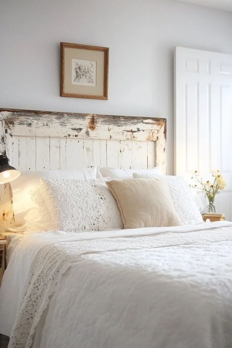 "Transform your bedroom with creative DIY Headboard Ideas! 🛠️🛏️ Perfect for adding a unique and personalized touch to your space. 🌟✨ #DIYHeadboard #BedroomDecor #HomeProjects" Bedroom No Headboard, Headboard Bedroom Ideas, White Wood Bedroom Furniture, Farmhouse Bedroom Wall Decor, Rustic Bedroom Ideas, Small Bedroom Ideas For Couples, Creative Headboard, Rustic Farmhouse Bedroom, Headboard Bedroom