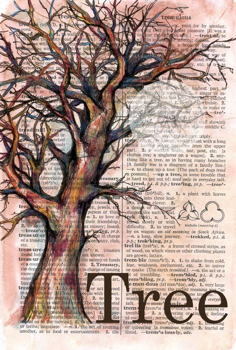 "Tree"   6" x 8.5" Mixed Media Drawing on Distressed, Dictionary Page   Original $50 - Prints $10  SOLD     I finally found some time to ... Shoes Art, Newspaper Art, Theme Nature, Book Page Art, Soyut Sanat Tabloları, Dictionary Art, Shoes Drawing, Seni Cat Air, Drawing Easy