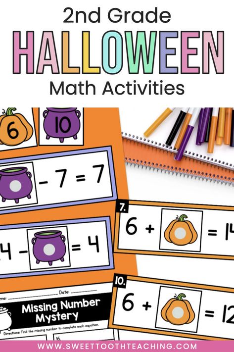 A list of the best and most engaging math activities for your second grade classroom this Halloween! These hands on games and activities will get your students practicing a variety of math skills this fall, but all with a fun and spooky theme. If you love to celebrate Halloween with your class, but you want to make sure that you keep them working hard, you will love these math centers. Practice second grade math skills like fact fluency, place value, number patterns and more! Math Activities For 2nd Grade, Centers For 2nd Grade, 2nd Grade Math Centers, Halloween Elementary, 2nd Grade Math Games, Halloween Math Games, Fact Fluency Games, Fall Math Centers, Halloween Math Centers