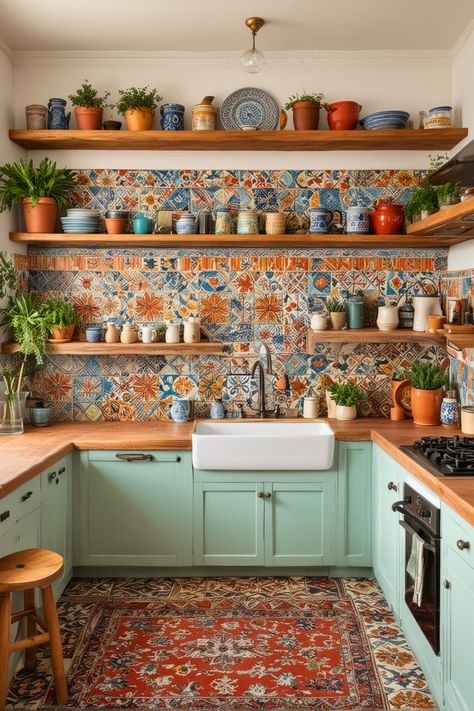 Eclectic Dinnerware, Boho Style Kitchen, Monochrome Kitchen, Boho Kitchen Ideas, Boho Kitchen Decor, Small Cottage Kitchen, Bohemian Kitchen, Eclectic Kitchen, Small Kitchen Decor