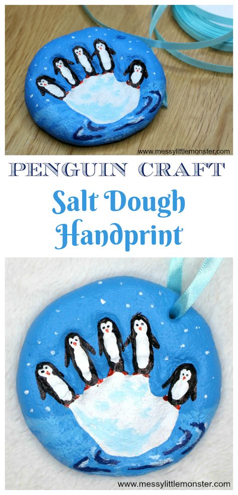 Salt Dough Handprint, Penguin Crafts Preschool, Diy Penguin, Winter Crafts For Toddlers, Fun Winter Crafts, Ornaments Crafts, Penguin Crafts, Handprint Ornaments, Penguin Craft