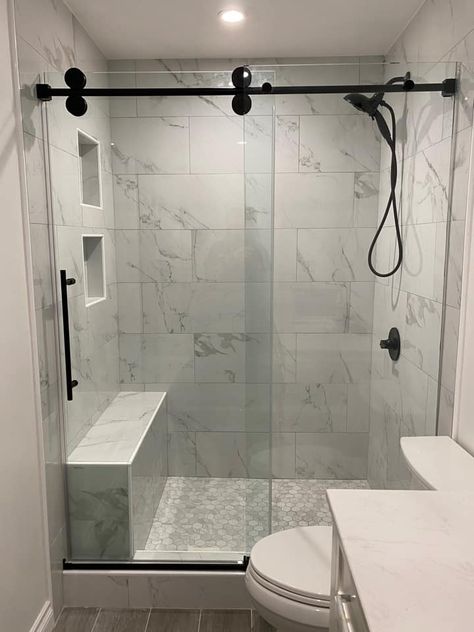 Bathroom Shower Tile Ideas Nooks, Different Shower Ideas, Sleek Shower Design, Renovated Showers Walk In, Shower Remodel White Tile, Best Non Slip Shower Floors, Large Walk In Shower Ideas Master Bath, 4x6 Shower Ideas, Walk In Shower Herringbone Tile