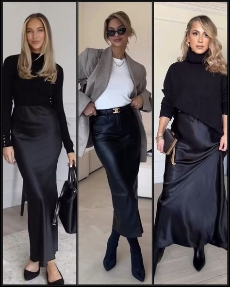 Classy Trendy Outfits, Red Satin Skirt, Satin Skirt Outfit, Outfits Skirt, Leather Skirt Outfit, Look Office, Modest Dresses Casual, B Fashion, Black Outfits