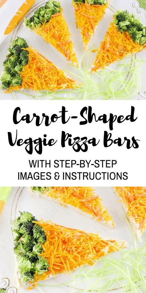 Easy Carrot-Shaped Veggie Pizza Bars Recipe Veggie Bars, Easter Appetizers Easy, Easy To Make Snacks, Easter Appetizers, Easter Dishes, Healthy Easter, Easter Snacks, Pizza Bar, Easter Carrots