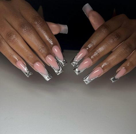 Chrome Prom Nails, Long Square Chrome Nails, Chrome French Tip Nails Square Long, Grey Prom Nails, Matalic Nails Acrylic Silver, Long Silver Chrome Nails, Sliver Nails Black Women, Grey Chrome Nails, Swirl Acrylic Nails