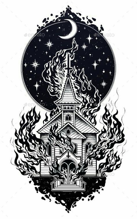 Moon Flash Tattoo, Tattoo Dot Work, Church Tattoo, Dotwork Art, Burning Church, Satanic Tattoos, Art Buildings, Occult Tattoo, Tattoo Dotwork