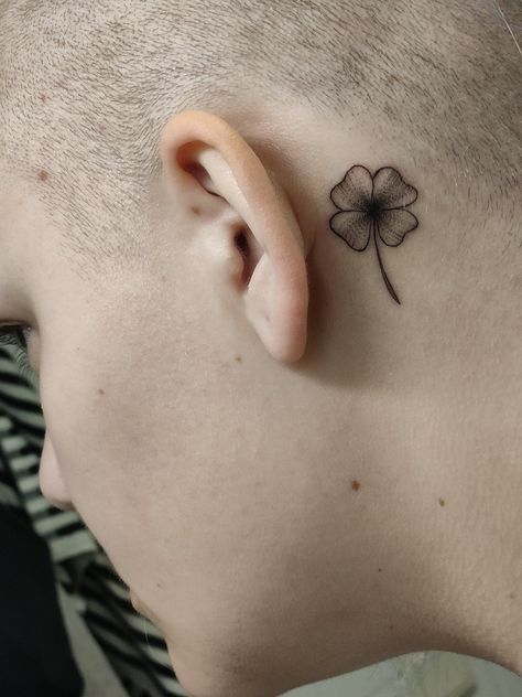 Four Leaf Clover Tattoo Behind Ear, 5 Leaf Clover, Leaf Clover Tattoo, Four Leaf Clover Tattoo, Lucky Tattoo, Clover Tattoo, Clover Tattoos, Stick N Poke Tattoo, Poke Tattoo