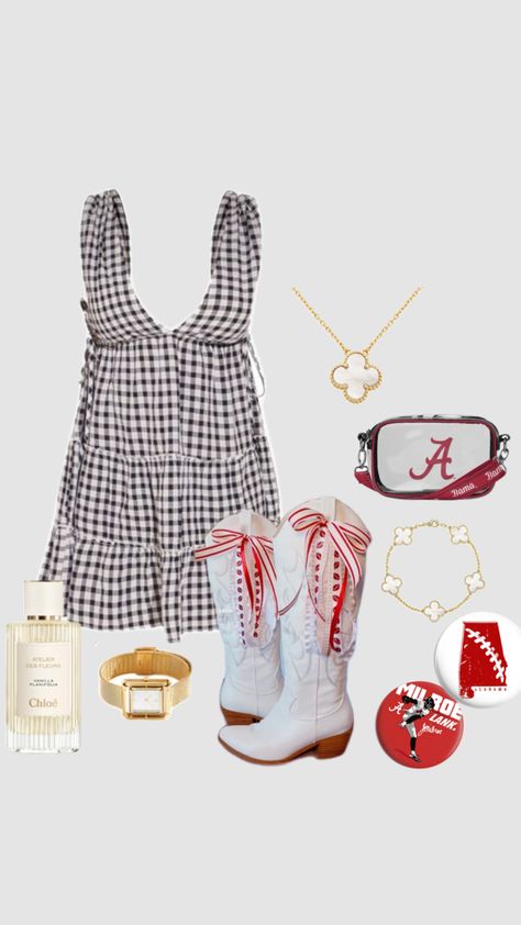 #alabama #tailgate #ootd #outfitinspo #trendy #redandwhite #dress #football #gameday #college Pink Out Fnl Outfit, Gameday Outfit Inspiration, Alabama Jersey Outfit, Alabama Game Outfit, Arkansas Football Game Outfit, White Out Game Outfit Football, Sec Football Game Day Outfit, Sec Gameday Outfits Football, Tamu Gameday Outfits