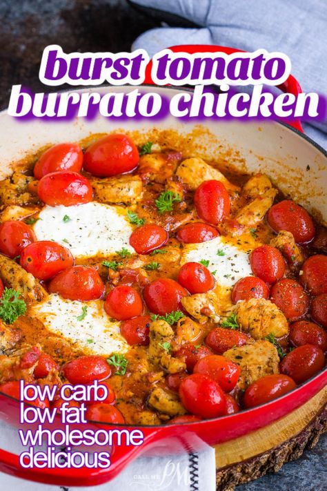 Savory, creamy, and delicious! This gourmet meal, Burst Tomato Burrata Chicken, will become a weeknight staple that everyone loves. Burrata Chicken, Charred Tomatoes, Burst Tomato, Burrata Recipe, 20 Minute Dinners, Caprese Chicken, Mood Food, Southern Food, Incredible Recipes