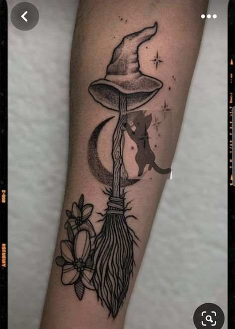 Witchy Broom Tattoo, Broom Tattoo Witch, Broom Stick Tattoo, Witches Broom Tattoo, Witch Broom Tattoo, Spell Book Tattoo, Fairytale Tattoo Ideas, Broomstick Tattoo, Broom Tattoo