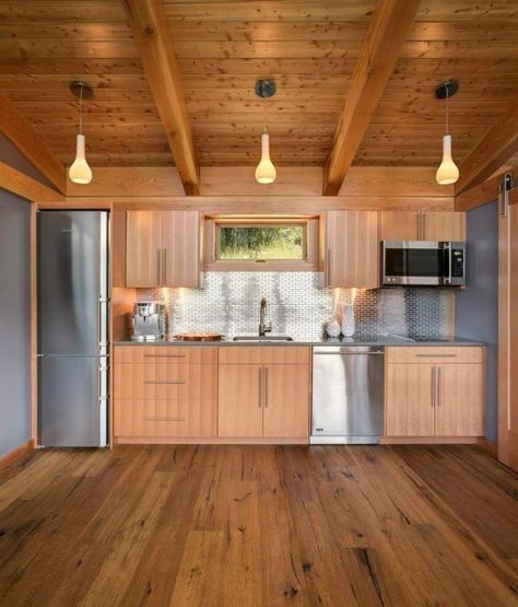 Left side of the tiny house, add island, other side living room. (timbercab-550-prefab-cabin-by-fabcab-photo-marie-dominique-verdier-006) Small House Kitchen Design, Small House Kitchen, Single Wall Kitchen, Dapur Rustic, Timber Frame Cabin, One Wall Kitchen, Timber Cabin, Wood Wall Design, Prefab Cabins