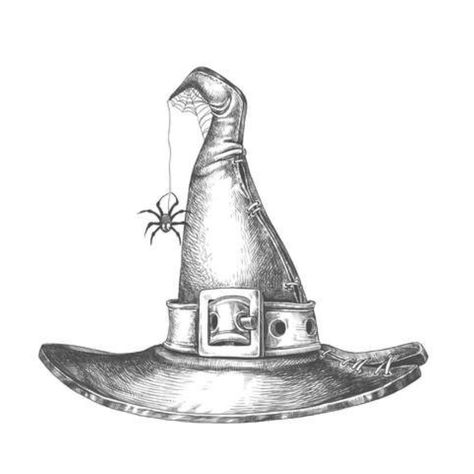 Tattoo idea Drawing Halloween, Witch Drawing, Baba Jaga, Witch Tattoo, Halloween Tattoo, Witches Hat, Halloween Witch Hat, Vintage Witch, Trendy Hat