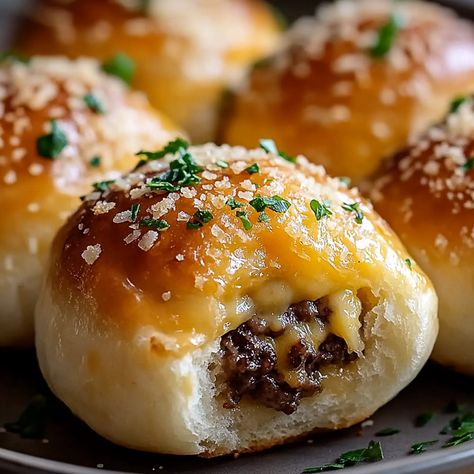 Delicious Garlic Parmesan Cheeseburger Bombs Recipe Classic Appetizers For Party, Mini Cheeseburger Appetizers, Garlic Parmesan Cheeseburger Balls, Mini Cheeseburger Bites, Sunday Snacks Appetizers, Cheeseburger Muffin Cups, Bacon Cheeseburger Bombshell, Hamburger Meat Appetizers, Desserts For Family Gatherings