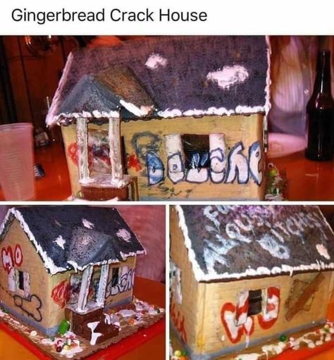 Unique Gingerbread House Ideas Funny, Gingerbread House Ideas, Cool Gingerbread Houses, House Funny, Gingerbread House Decorations, Altered Photo, Bah Humbug, Christmas Gingerbread House, Bad Taste