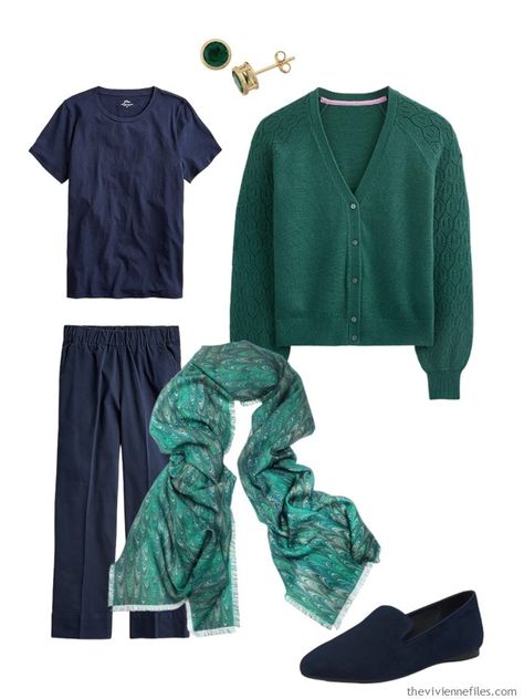 Accenting Navy with Bright or Deep Colors - The Vivienne Files Navy And Teal Outfit, Navy Green Outfit, Muted Wardrobe, Navy Capsule Wardrobe, Intentional Wardrobe, Navy Blue Dress Outfit, Green Cardigan Outfit, Blue Wardrobe, Clothes Capsule Wardrobe