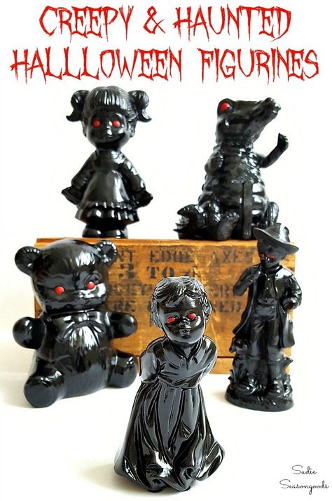 Create the creepiest, spookiest DIY Halloween decor by upcycling and repurposing ceramic figurines from the thrift store! Simply give them a super spooky makeover so that they become HAUNTED figurines. Amazing upcycle Halloween craft project idea from Sadie Seasongoods at www.sadieseasongoods.com #halloween #halloweendecor #Halloweencraft #Halloweenproject Upcycle Halloween, Spooky Diy Halloween Decor, Idea For Halloween, Halloween Craft Projects, Creepy Decor, Diy Halloween Decor, Thrift Store Crafts, Scary Halloween Decorations, Halloween Craft