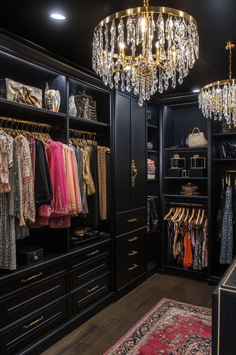 Create a closet that feels like your personal boutique. Use display racks, velvet-lined drawers, and chic lighting to showcase your favorite pieces in style. 🛍️✨👠 #BoutiqueCloset #FashionForward #HomeDecor #ClosetInspiration Moody Closet, Luxurious Walk In Closet, Moody Office, Black And Gold Accents, Chic Lighting, Dream Closets, Glam Room, Closet Inspiration, Closet Space