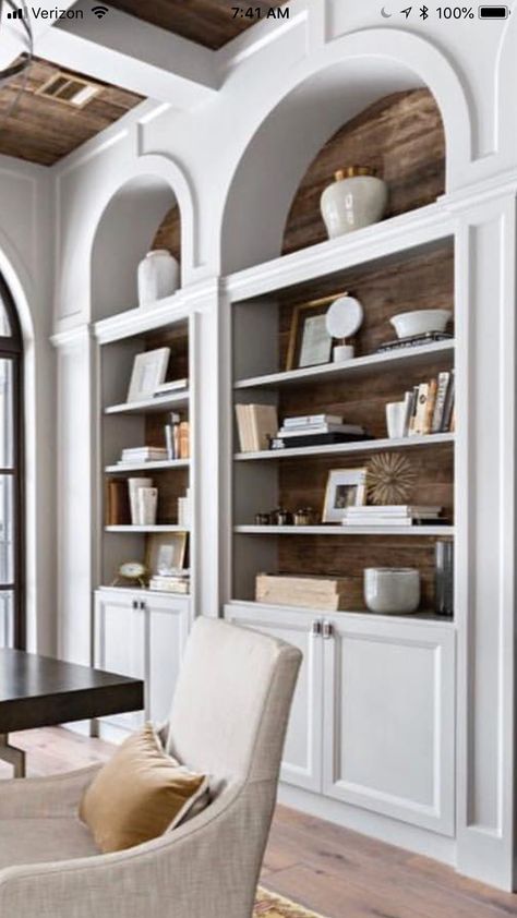 Bookcase staging Cool Walls Ideas, Office Bookshelves Standing Shelves, Aesthetically Pleasing Bookshelves, Arched Library Wall, Arched Built In Bookcase, Arched Library, Arched Bookcase Built In, Arched Bookcase, Organization Office