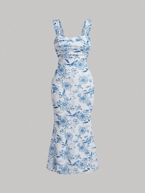 SHEIN MOD Flower Print High-Low Hem Sleeveless Waist Cinched A-Line DressI discovered amazing products on SHEIN.com, come check them out! Blue Flower Dress, Sleepwear Fashion, Bridesmaid Dresses Plus Size, Shein Dress, School Dresses, Easy Trendy Outfits, Grad Dresses, Fabric Floral, Women Wedding Guest Dresses