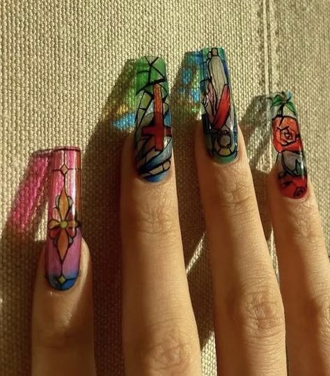 Stained Glass Nails Acrylic, Insane Nail Designs, Stained Glass Nails Designs, Stained Glass Nail Art, Stained Glass Nails, Practice Nails, Glass Nails Art, Wow Nails, Gothic Nails