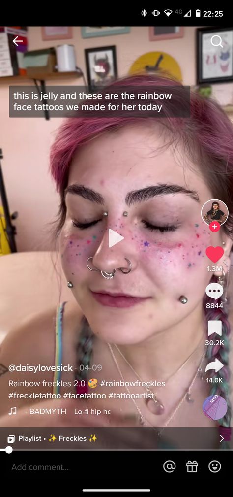 Confetti Freckles Tattoo, Rainbow Tattoo Freckles, Colored Freckles Tattoo, Star Freckle Tattoo Face, Freckle Tattoo Stars, Tattoo Freckles Colorful, Color Freckles Tattoo, Rainbow Freckle Tattoo, Freckle Star Tattoo