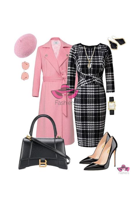 Pink Beret, Pink Houndstooth, My Morning Routine, Lovely Fashion, Office Dress, Pink Coat, Office Dresses, Black Shoulder Bag, Fashion App