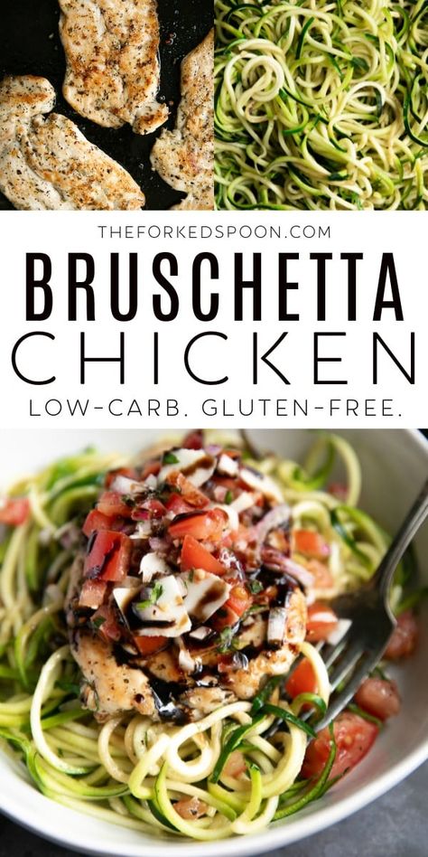 This Bruschetta Chicken Recipe is made with tender, juicy chicken breasts seasoned with Italian herbs and spices and topped with a fresh tomato and basil bruschetta topping. Ready in just 30 minutes, enjoy this low-calorie, low-carb, and gluten-free weeknight dinner with a side of sautéed zucchini zoodles and a drizzle of balsamic glaze. Zucchini Zoodles, Chicken Bruschetta Recipe, Sautéed Zucchini, Easy Bruschetta, Bruschetta Toppings, Meat Eater, Italian Herbs, Bruschetta Chicken, Low Calorie Dinners