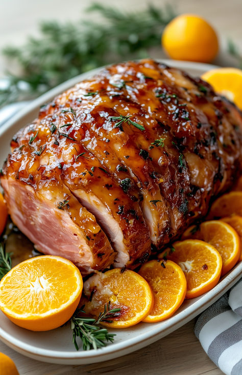 A symphony of flavors, the ham, wrapped in orange and brown, invites the senses to a feast of rich delight. Christmas Ham Presentation, Ham Platter Presentation, Ham Platter, Thanksgiving Ham, Simple Dinners, Holiday Ham, Christmas Ham, Baked Ham, The Senses