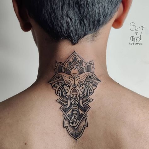 Bhairav Tattoo Design, Hindu Mythology Tattoo, Thailand Tattoo Ideas, Elephant Head Tattoo, Elephant Tattoo Ideas, Geometric Tattoo Leg, Celtic Tattoos For Men, Tattoos Leg, Geometric Tattoo Sleeve Designs