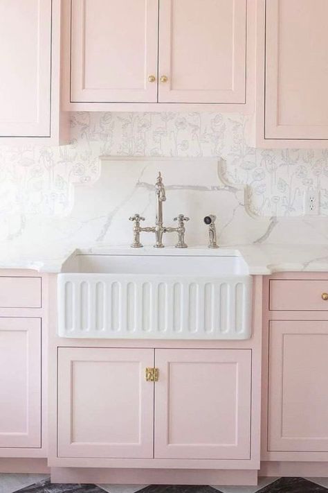 Pink Laundry Rooms, Pink Cabinets, Kitchen Cabinet Color Ideas, Pink Kitchen Decor, Fireclay Farmhouse Sink, Best Kitchen Cabinets, Laundry Room Inspiration, Kitchen Cabinet Colors, Pink Home Decor