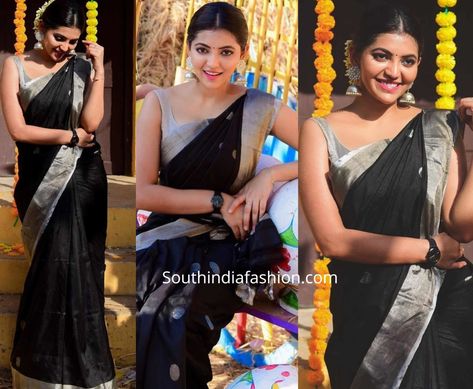 Athulya Ravi celebrated Pongal wearing a black and silver silk saree paired with silver sleeveless blouse by Ruffle Trends. A pair of statement silver jhumkas by Vinu Creations, pink lips and a middle parted gajra bun completed her look! Black And Silver Saree, Silver Silk Saree, Gajra Bun, Silver Saree, Athulya Ravi, Ruffle Trend, Silver Jhumkas, Sleeveless Blouse Designs, Silver Blouse