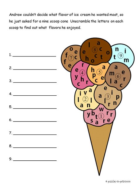 Andrew couldn't decide, so he got a 9 scoop cone.  Can you help him unscramble the flavors so he can remember what he ordered? Ice Cream Party Games, Printable Word Games, Thanksgiving Games For Adults, Puzzle Worksheet, Thanksgiving Games For Kids, Planning Worksheet, Scramble Words, Fun Halloween Games, Cream Birthday Party